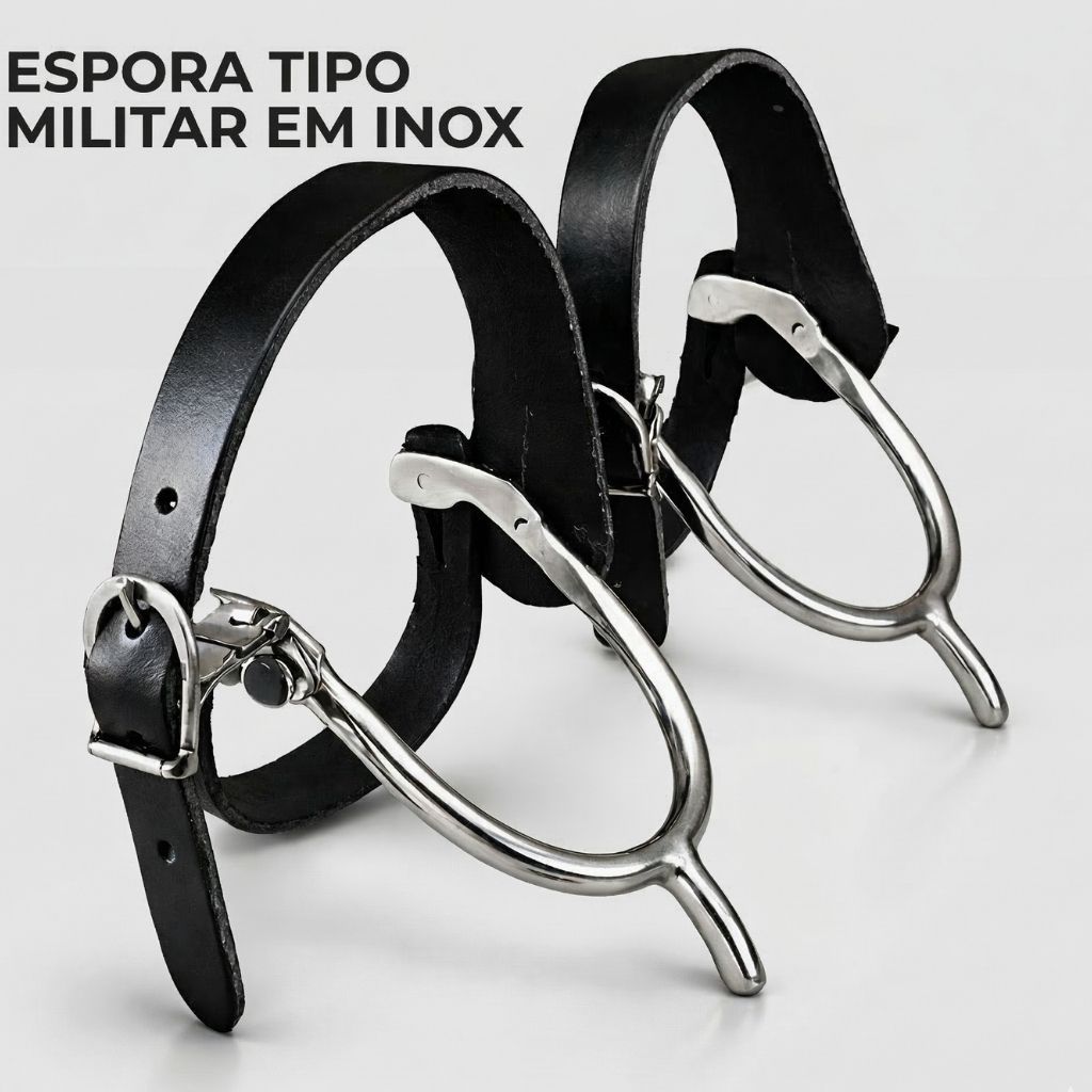 Espora Militar Inox Cavalo Montaria Com Correia Couro Par