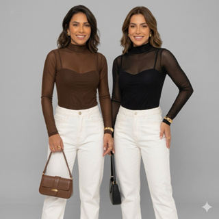 Blusa de Tule manga longa Malha Transparente Sem Sutiã Moda Casual Tendencia em Oferta na Shopee