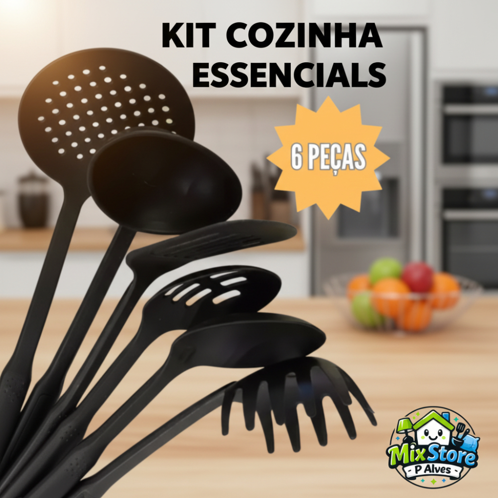 Kit Utensílios de Cozinha Silicone 6 Peças Premium  Espátula Concha Colher e Acessórios para Panelas Antiaderentes
