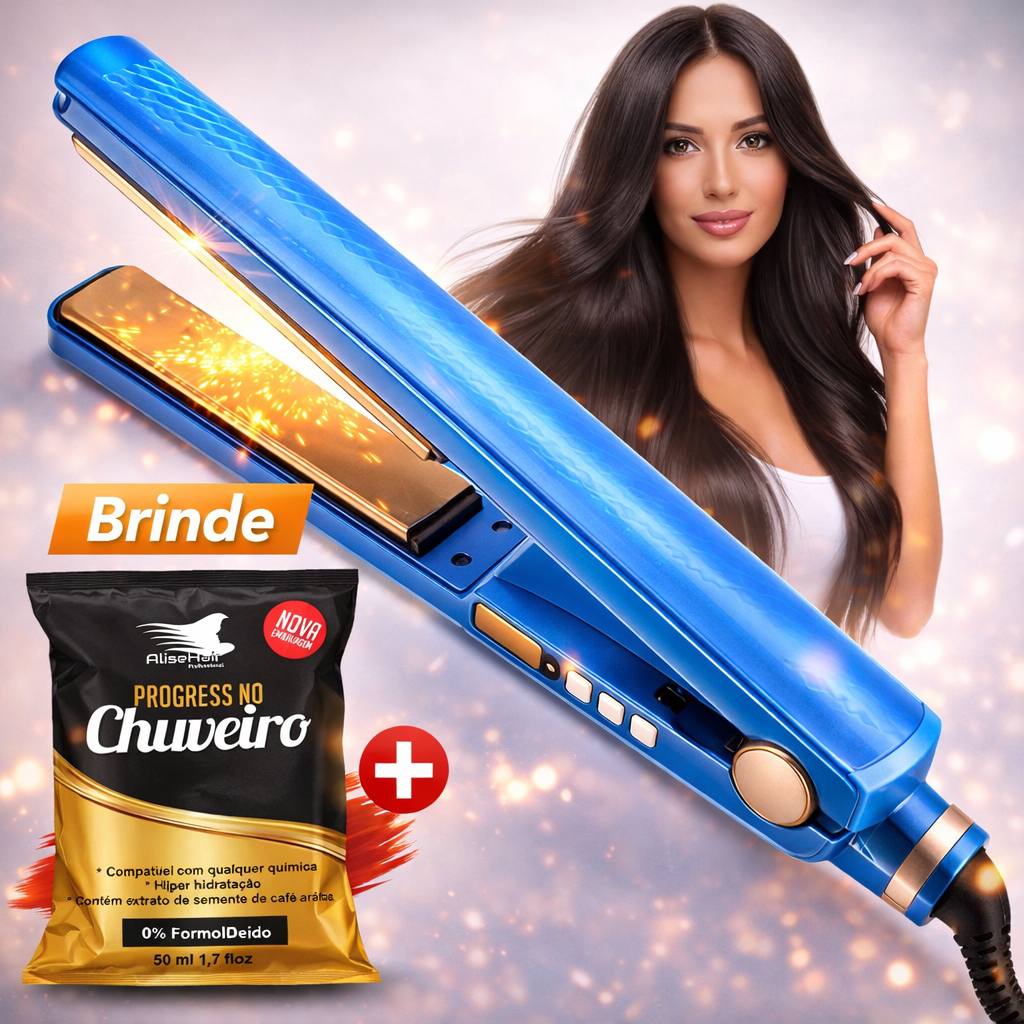 Prancha Chapinha Titanium azul 450° Graus Profissional + Sachê Progressiva de Chuveiro