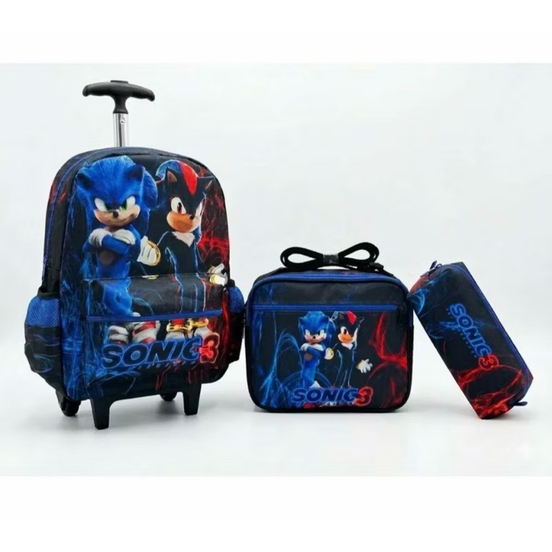 Kit Escolar Sonic O Filme Mochila Rodinhas Tamanho Grande Lancheira Térmica e Estojo