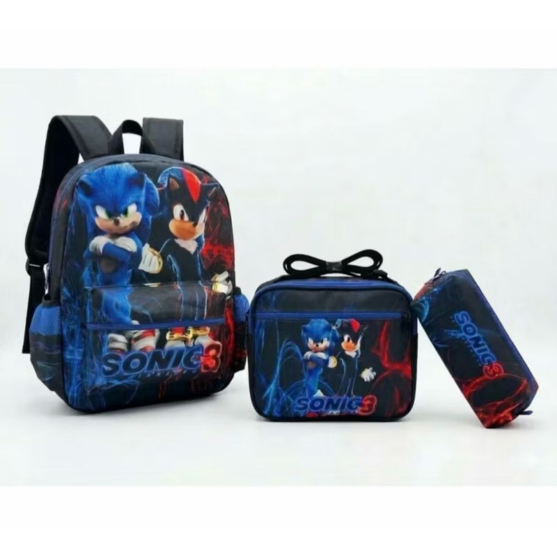Kit Escolar Sonic o Filme Mochila Costas Tamanho Grande Lancheira Térmica e Estojo