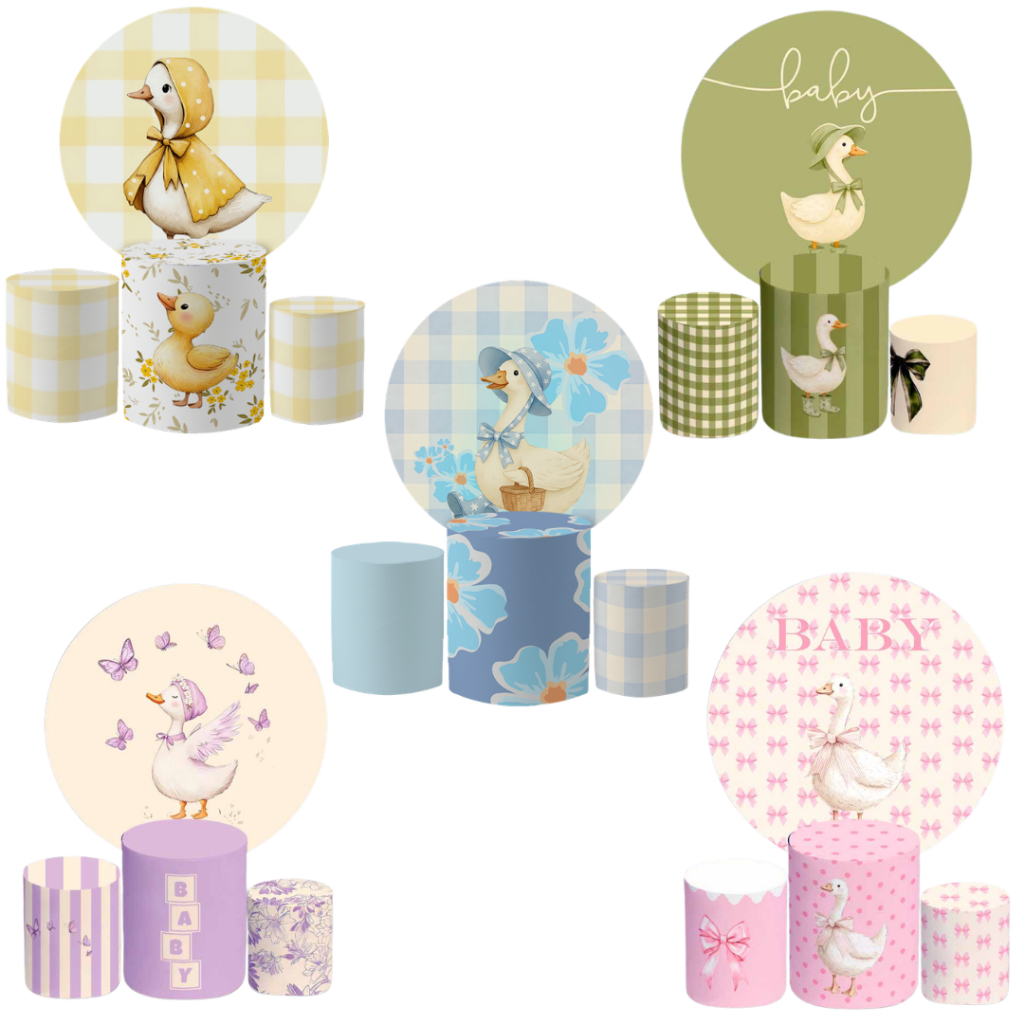 Kit Capas Painel 1,5 + Cilindros Tema Patinho Baby Decoração Festa Infantil Chá De Bebê Fabricação Bibi Paineis