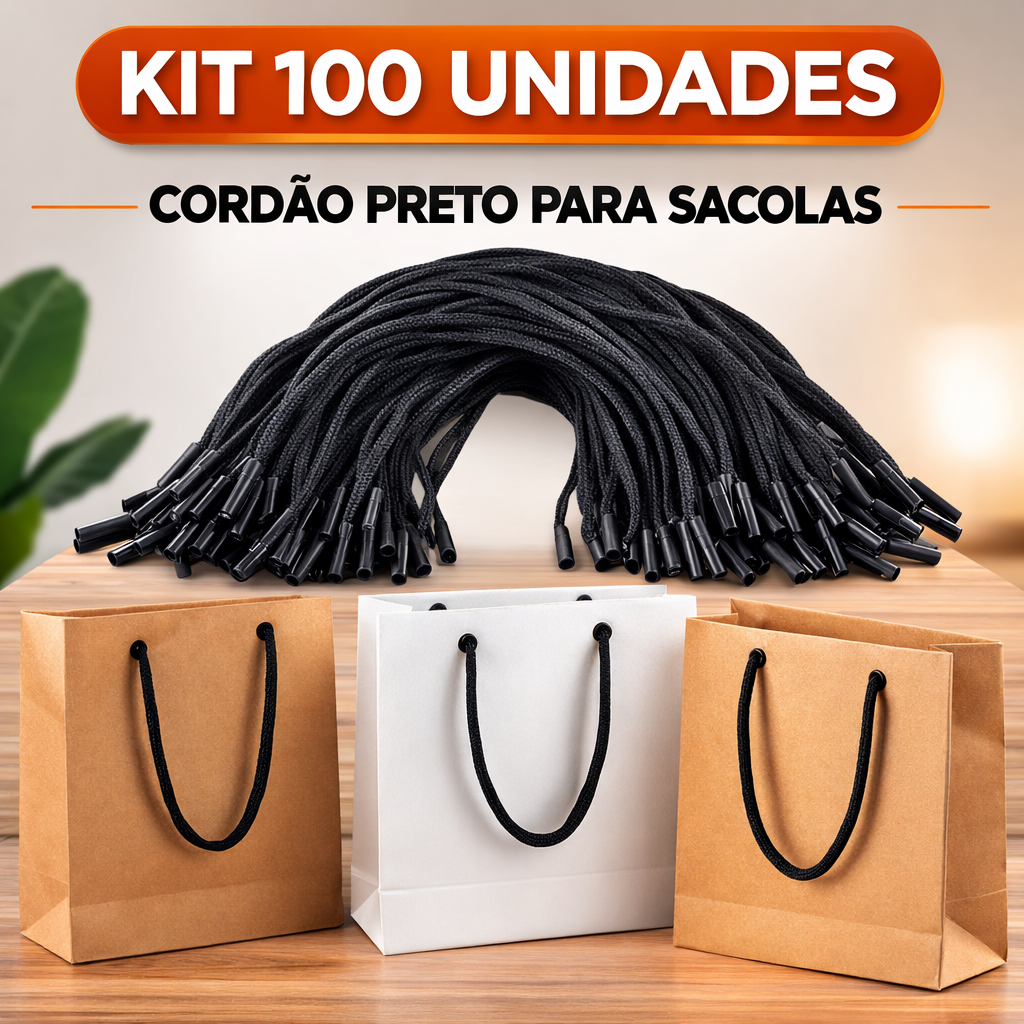 Kit 100 Cordões Pretos para Sacolas com Ponteira | Alça para Sacola de Papel Kraft em Oferta na Shopee