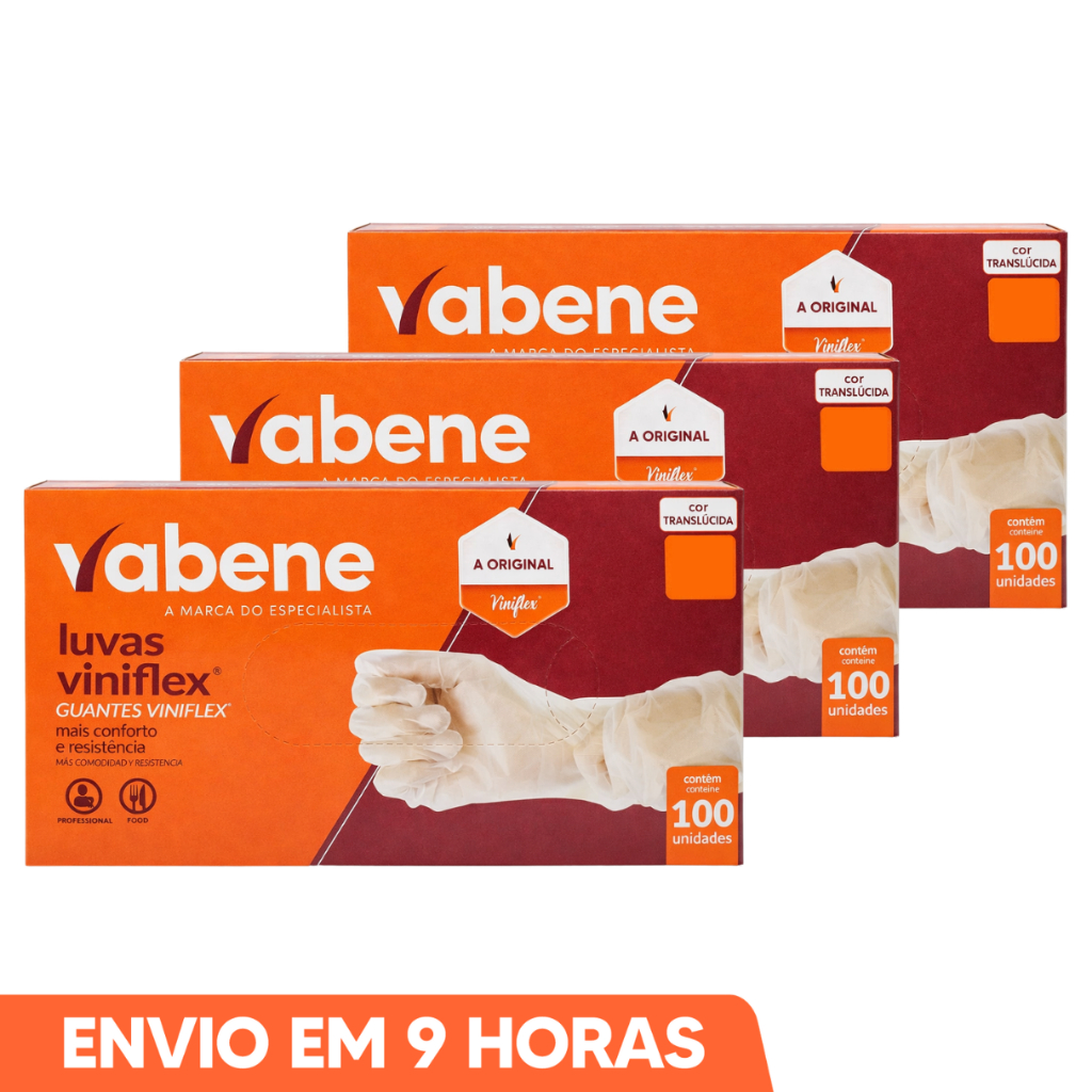 Luva Viniflex Transparente Sem Pó Descartável 300un P M G GG Marca Vabene