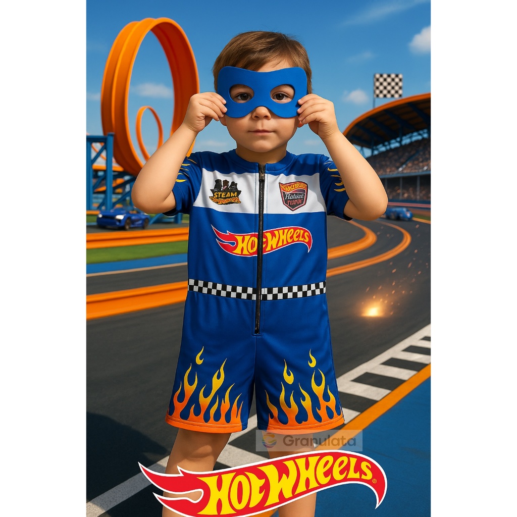 Fantasia Infantil Hot Wheels com Máscara EVA Macacão Curto Confortável Pronta Entrega