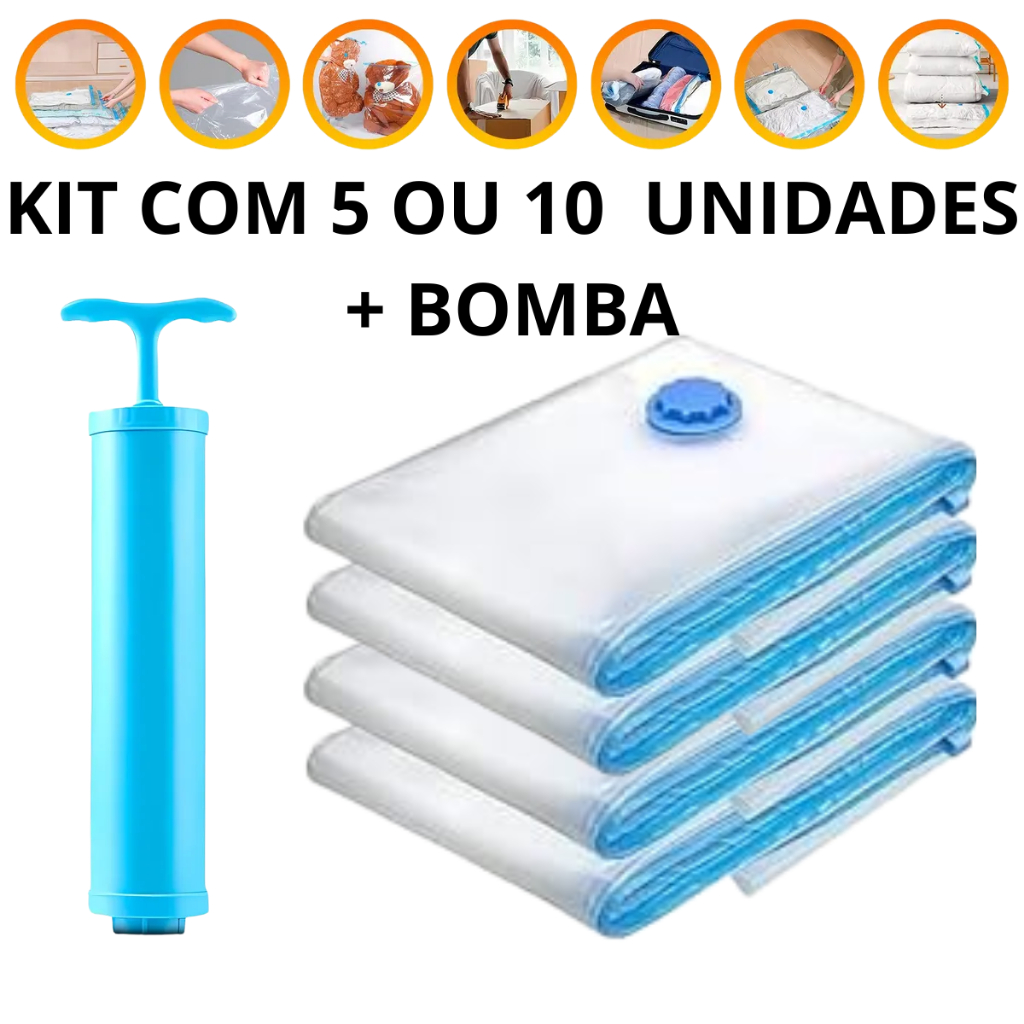Imagem Kit 5/10 Saco a Vácuo 50x60 + Bomba Manual Organização de Roupas Mala Viagem Guarda Roupas
