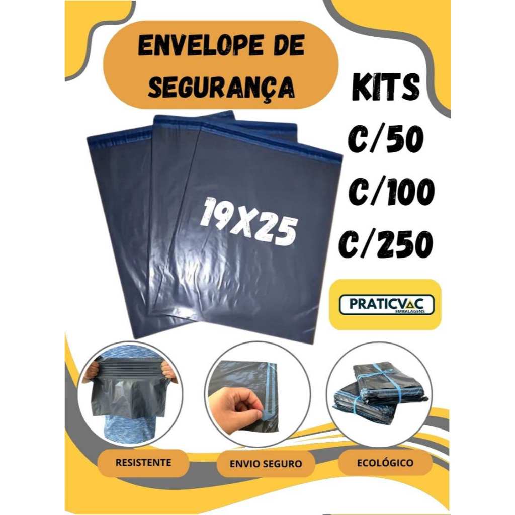 Envelope Segurança 19x25 Inviolável Correios Shopee Mercado Livre E-commerce Kit 50 100 250