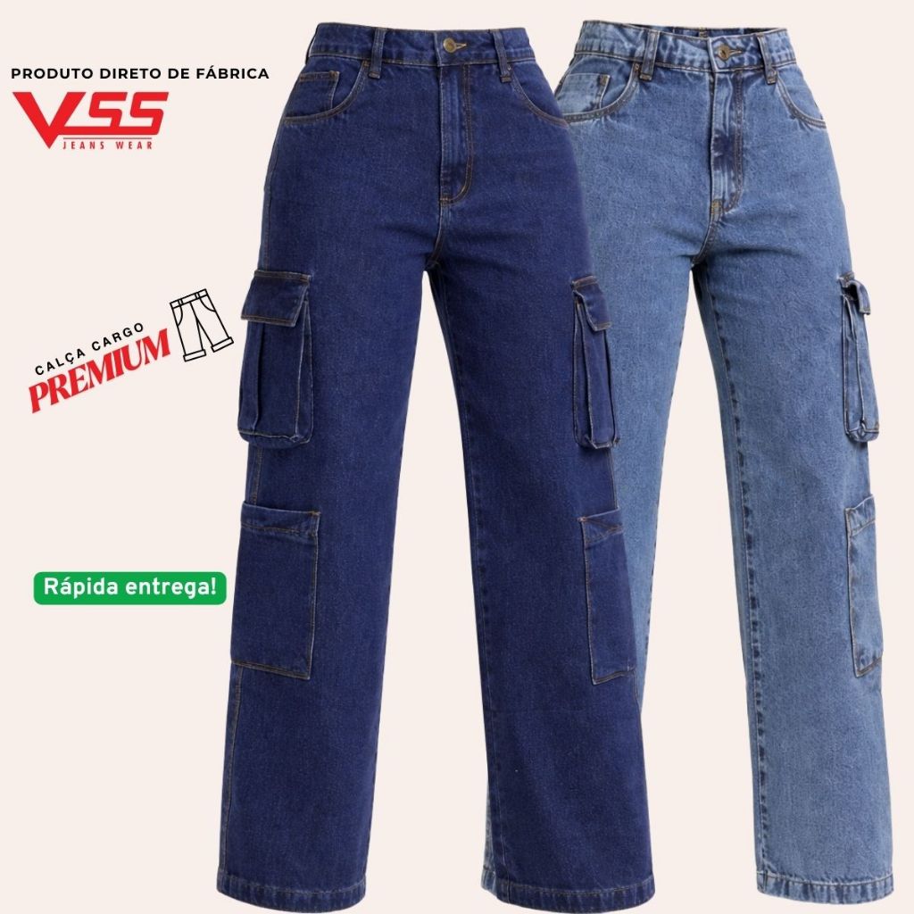 Calça Jeans Feminina Cargo Pantalona Wide Leg Cintura Alta Bolso Lateral
