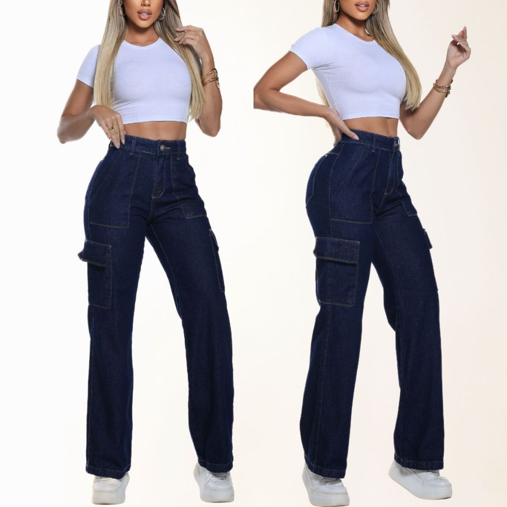 Calça Cargo Jeans Pantalona Feminina Wide Leg Cintura Alta 100% Algodão Sem Lycra Levanta Bumbum Bolsos Laterais