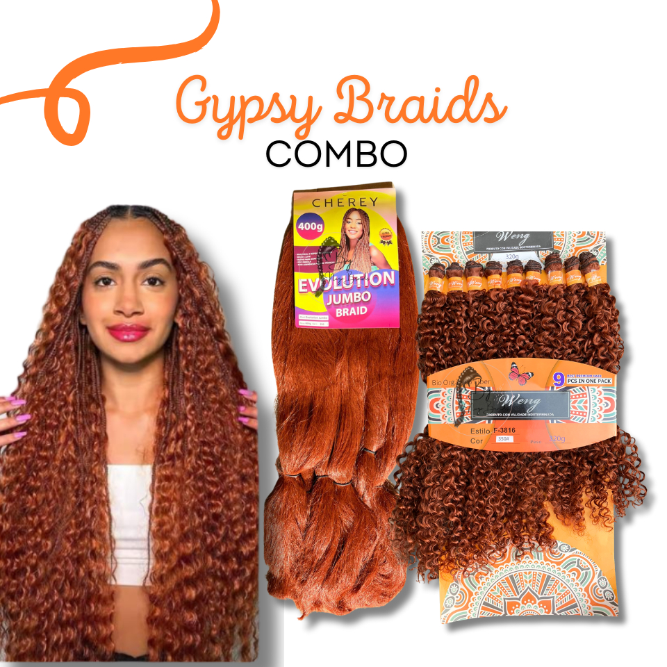 Kit Gypsy Cabelo + Jumbo Ruivo #350 8x 70cm Cabelo orgânico p/ Entrelace Crochet Braids Gypsy