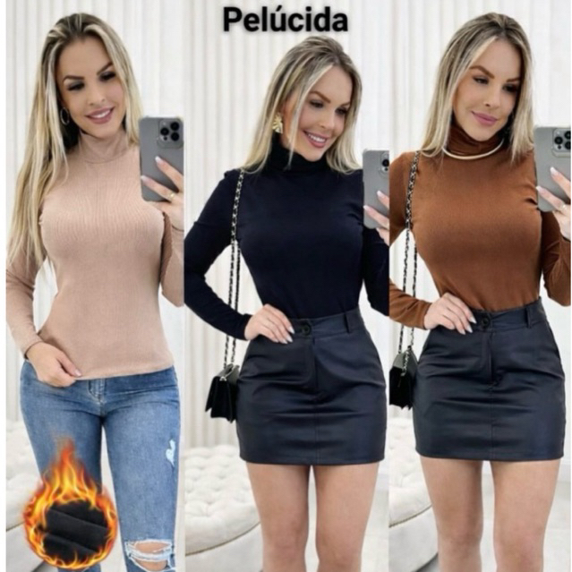 Kit 3 Blusa Cacharrel Feminina Gola Alta Manga Longa Térmica Ribana Peluciada Outono Inverno Frio