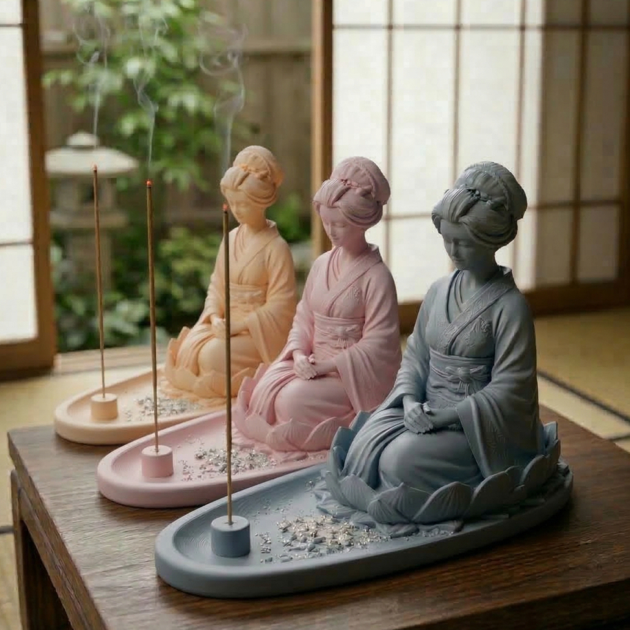 Imagem Porta Incenso Incensário Gueixa Decoração Zen Yoga Meditação Aromaterapia Cascata Fumaça Cores Kit