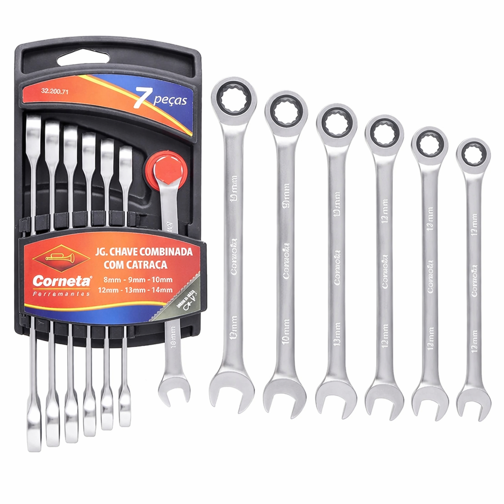 Jogo Chave Combinada com Catraca 8-19mm 7 Peças Aço CrV Profissional Mecânico Automotivo