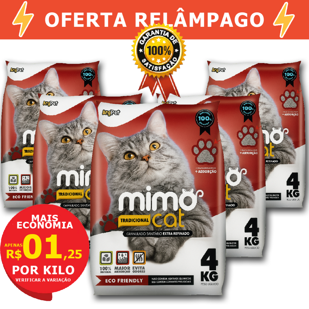 Kit 5 Granulado de Argila Higiênica de Gato Areia Forma Torrões Absorvente e Perfumado Mimocat 20KG