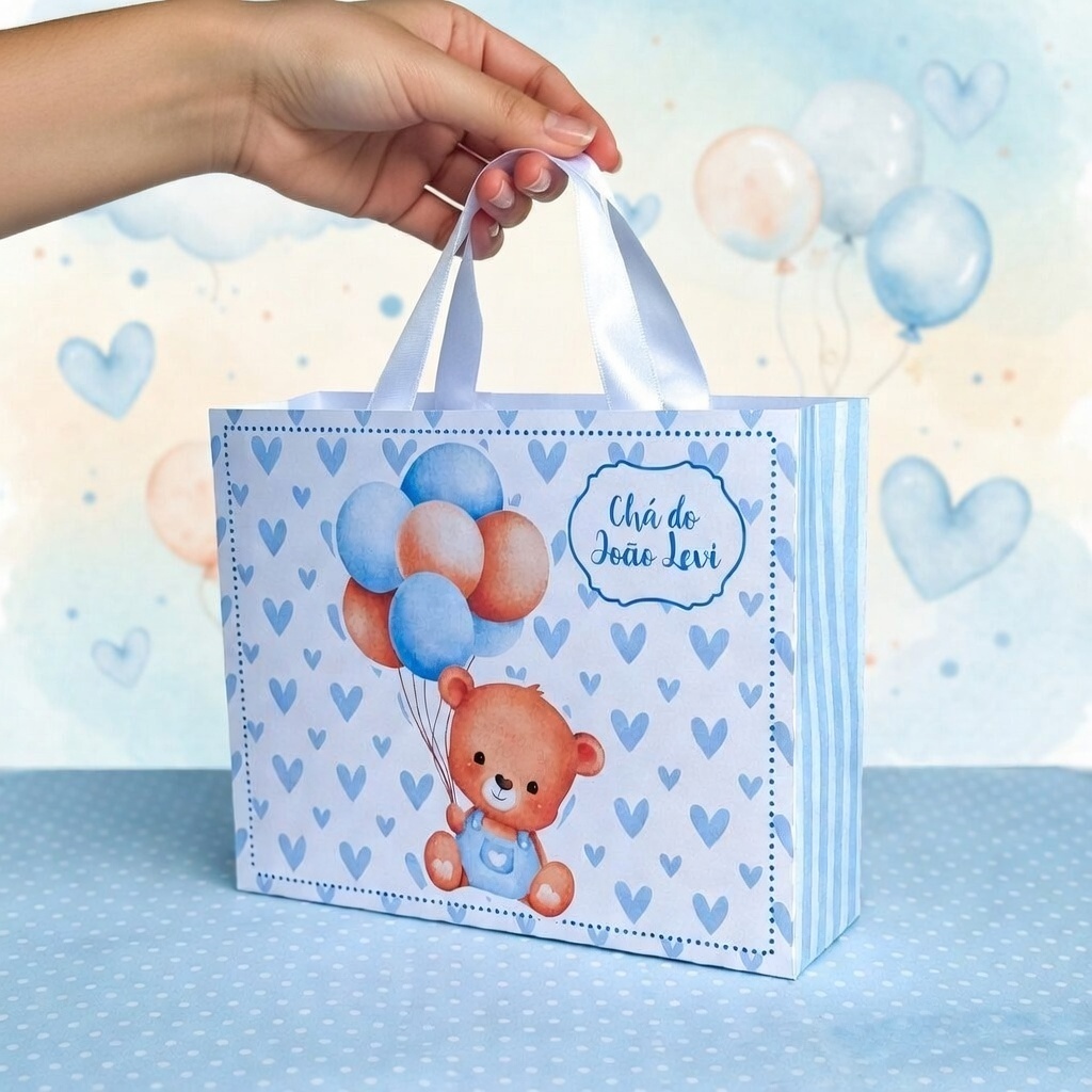 Sacolinhas Personalizadas Festa CHÁ DE BEBÊ URSINHO BALOEIRO AZUL (G) 20x16x6cm)