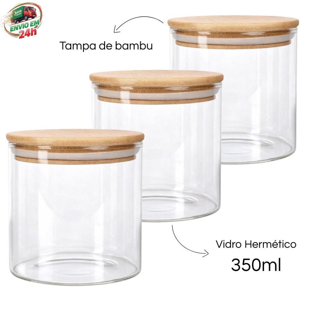 Kit Potes de Vidro 350ml com Tampa Bambu Hermética - Porta Mantimentos Pequeno para Especiarias e Grãos em Oferta na Shopee