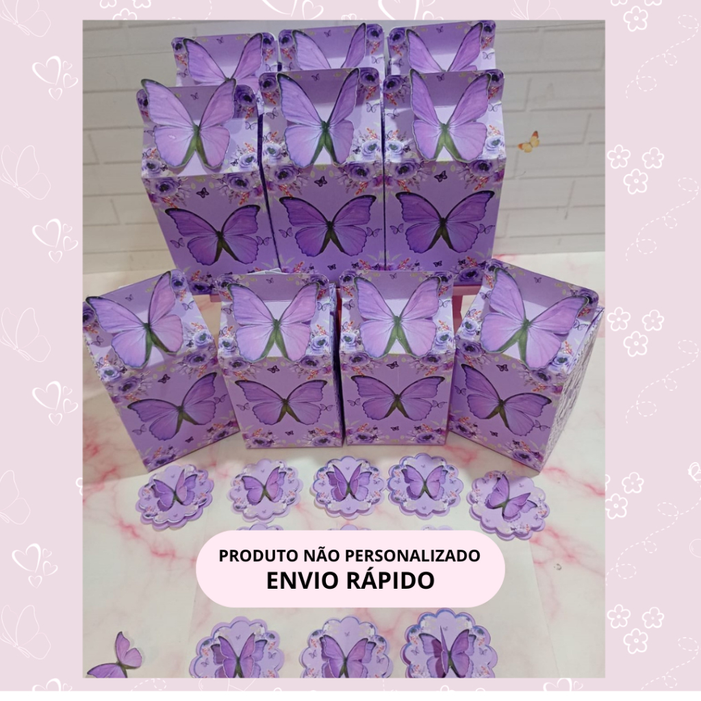 Kit 10 Caixas Milk +10 Apliques 3D - Pronta Entrega - Borboleta Lilás - Envio Imediato - lembrancinha Pronta Entrega