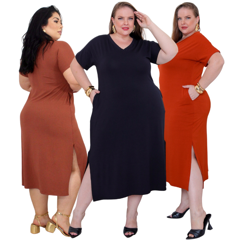 Kit Vestido Plus size Midi Longo Liso Viscolycra Gola V Fendas Laterais Moda Evangélica Vest 42ao56