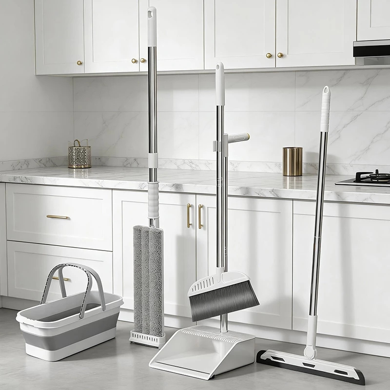 Kit de Limpeza 5 em 1 Completo com Mop Inox, Rodo, Vassoura, Pá e Balde Dobrável S7