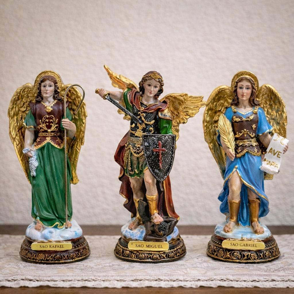 Três Arcanjos Miguel Rafael Gabriel Imagens Resina Premium 15cm
