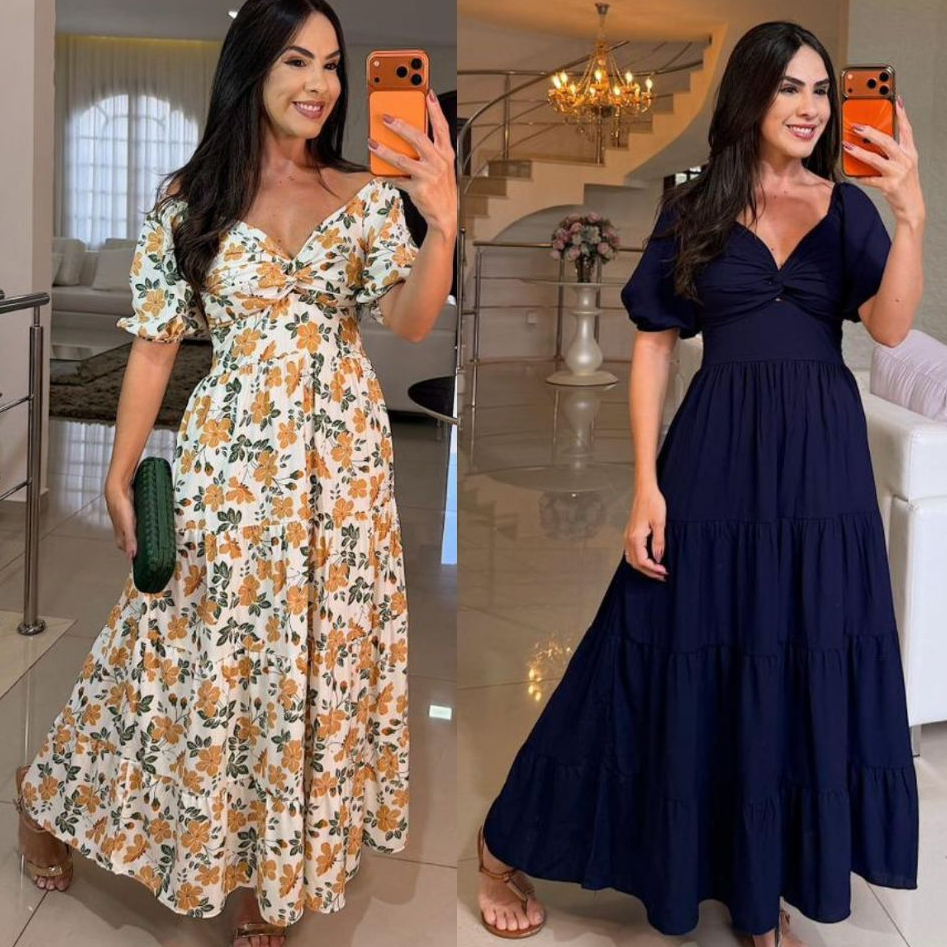 Vestido Feminino Midi  Mangas Curtas ,viscolinho e Gola em V - vestido 3 marias em Oferta na Shopee