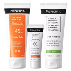Principia Kit Praia Trio c/ Loçao Hidratante LH-02 + Protetor Solar Facial PS-01 FPS60 + Protetor Corporal PS-03 FPS 45