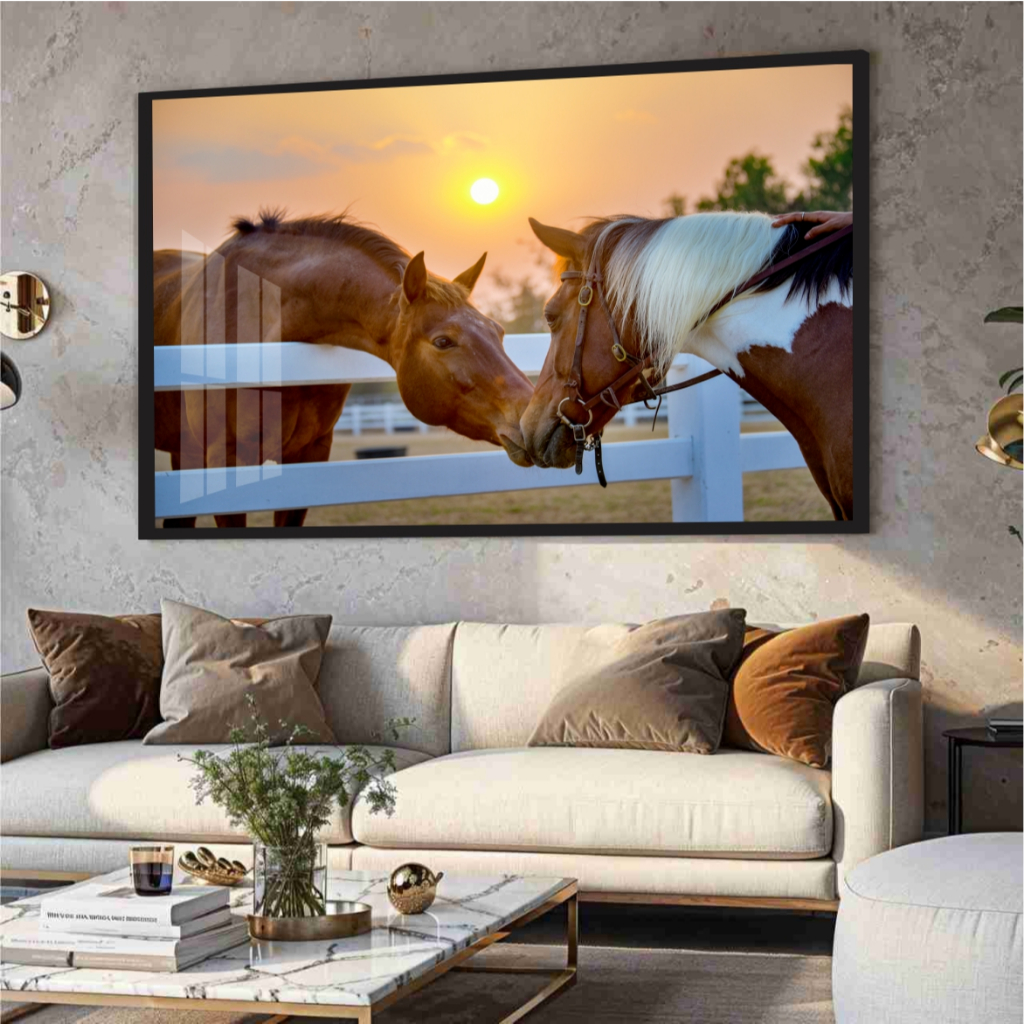 Quadro Moldura e Vidro Peça Única Cavalos Marrom Branco Pôr Do Sol Decoração Sala Chácara Rancho