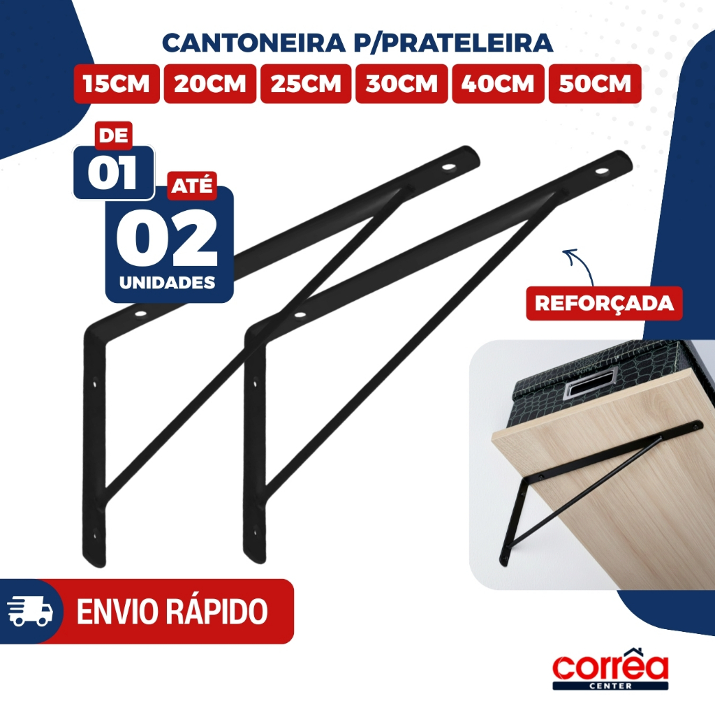Cantoneira Mão Francesa Preta em Aço – Suporte para Prateleira – 1 ou 2 Unidades – Vários Tamanhos em Oferta na Shopee