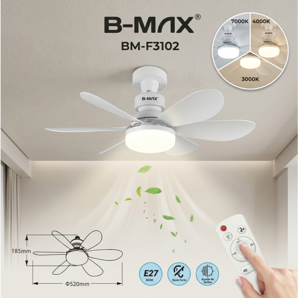 Ventilador de Teto com Lâmpada LED E27 - Silencioso, com Controle Remoto,Ventilador de 6 pás 52CM B-MAX BM-F3102