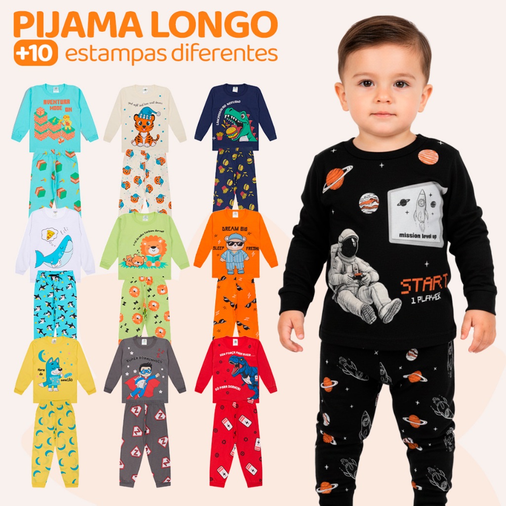 Kit Bebe 4 ou 12 Peças Pijama Infantil Menino Manga Comprida ou 6 Peças Pijama Infantil Menino Inverno em Oferta na Shopee