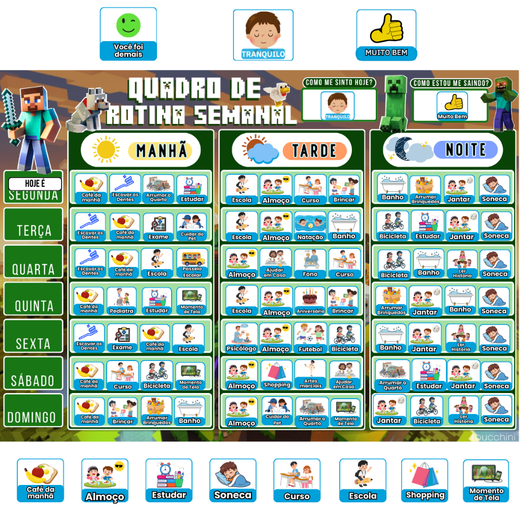 Quadro de Rotina Semanal Infantil Educativo Para Organização da Semana Tema Minecraft em Oferta na Shopee
