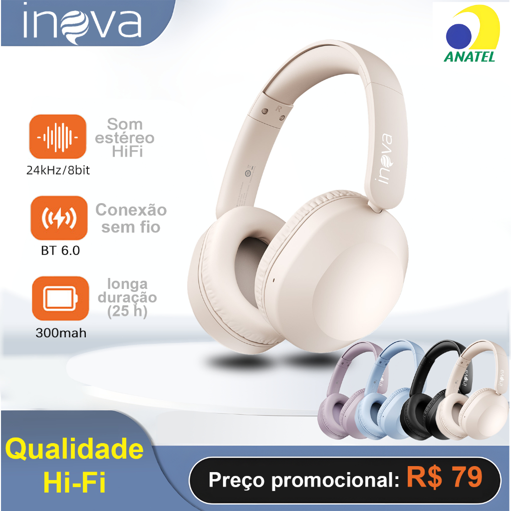 [Atacado] Inova headphone sem fio HiFi qualidade de som fone sem fio dobráveis bluetooth 6.0 em Oferta na Shopee