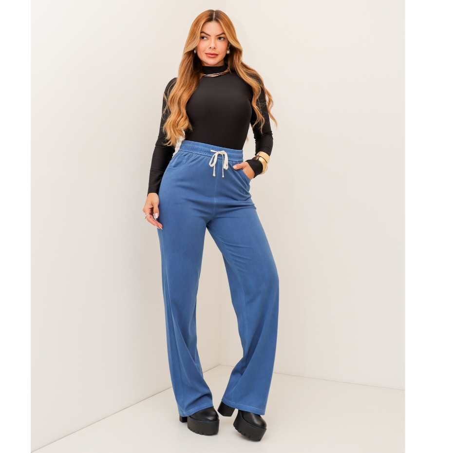 Calça Feminina Pantalona Cintura Alta  Elástico Casual Confortável 3RD SD1930