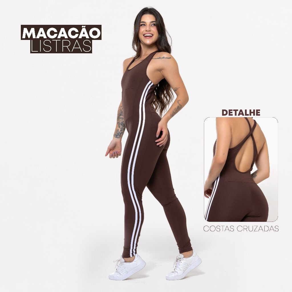 Macacão Fitness Feminino Listrado em Poliéster Duplo Trançado – Zero Transparência, Alta Sustentação e Conforto Premium em Oferta na Shopee