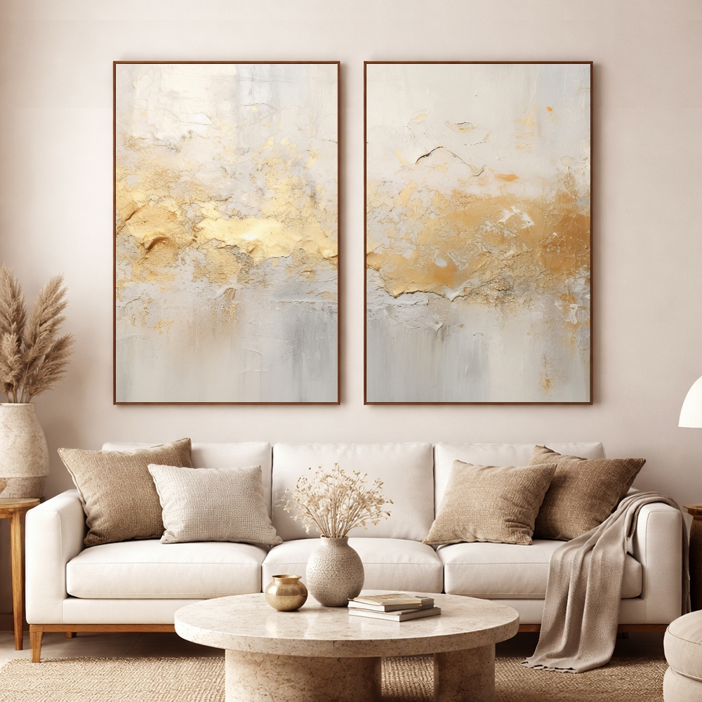 Kit 2 Quadros Modernos Abstratos com Moldura Decoração Sofisticada Tons Neutros com Dourado