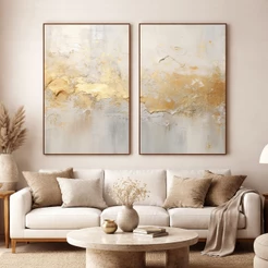 Kit 2 Quadros Modernos Abstratos com Moldura Decoração Sofisticada Tons Neutros com Dourado