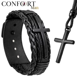 Pulseira de Couro Masculina Jesus Cruz Proteção + Colar Cruz Ajustável - Várias Opções e Modelos