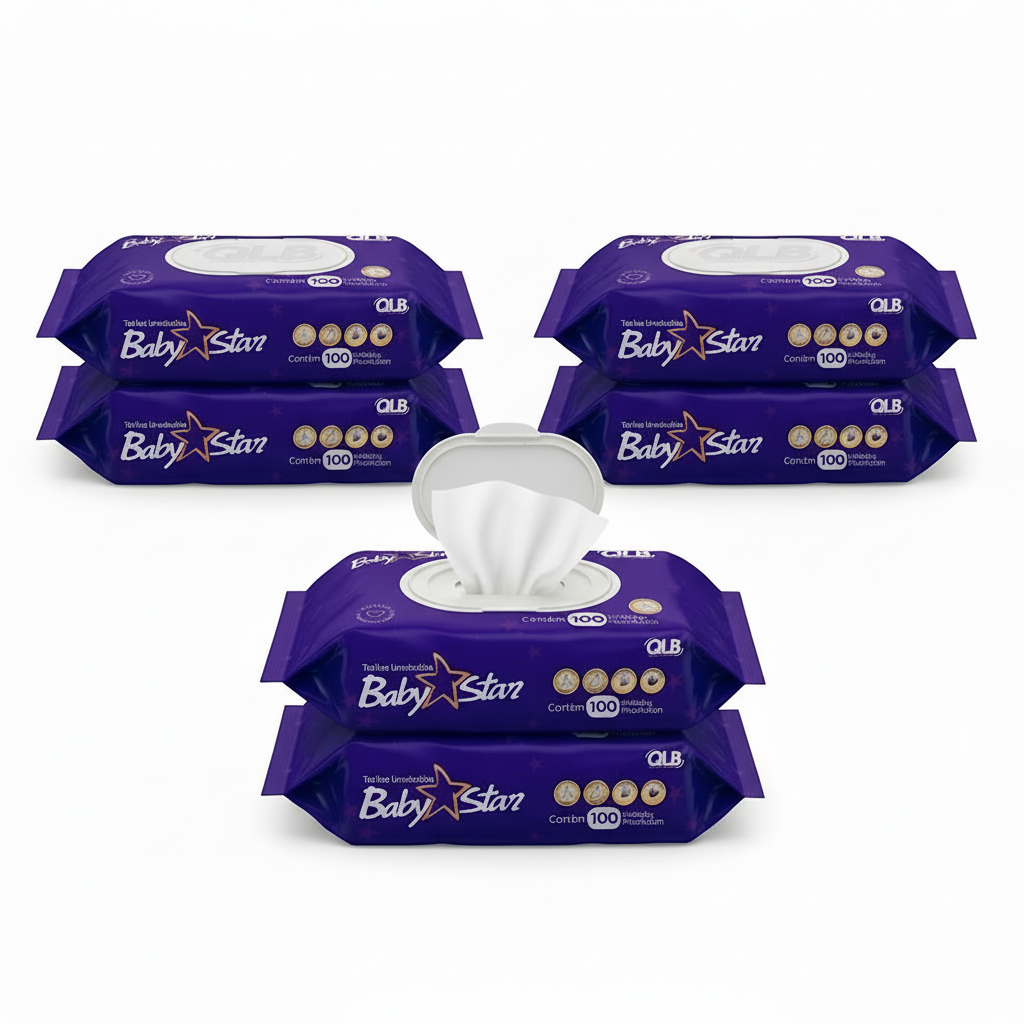 Caixa com 6 Lenços/Toalhas Umedecidas Baby Star Roxa c/ 100 Unidades Cada – Tampa FlipTop
