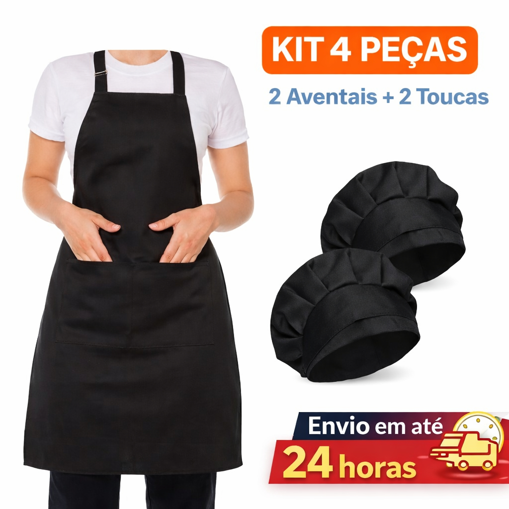 Kit 4 Peças 2 Aventais Preto Oxford + 2 Toucas Cozinha Profissional Unissex Restaurante Padaria em Oferta na Shopee