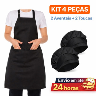 Kit 4 Peças 2 Aventais Preto Oxford + 2 Toucas Cozinha Profissional Unissex Restaurante Padaria em Oferta na Shopee