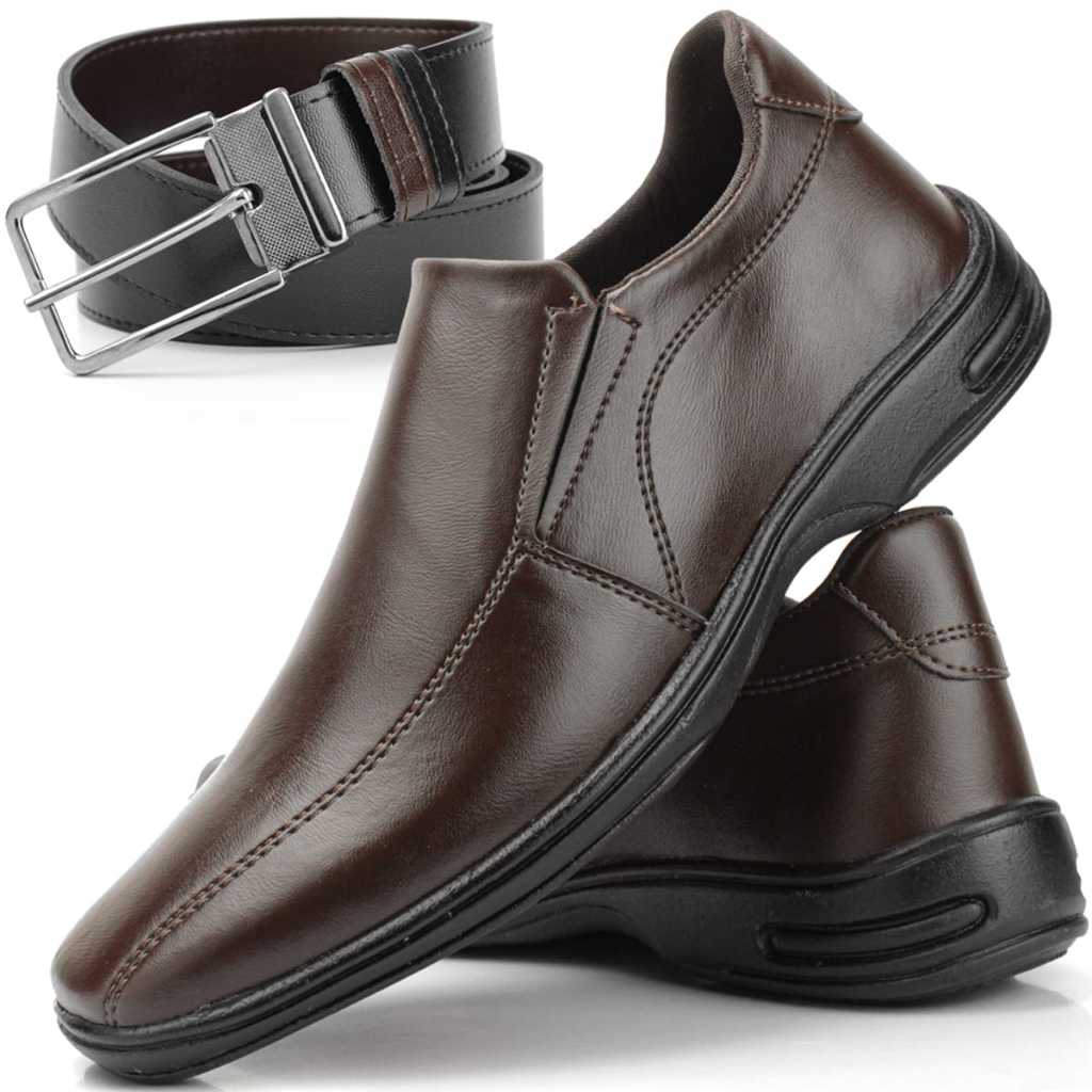 kit Sapato + Cinto Masculino Social Mocassim Clássico Para Envagélicos e Couro Sintético Comfortável