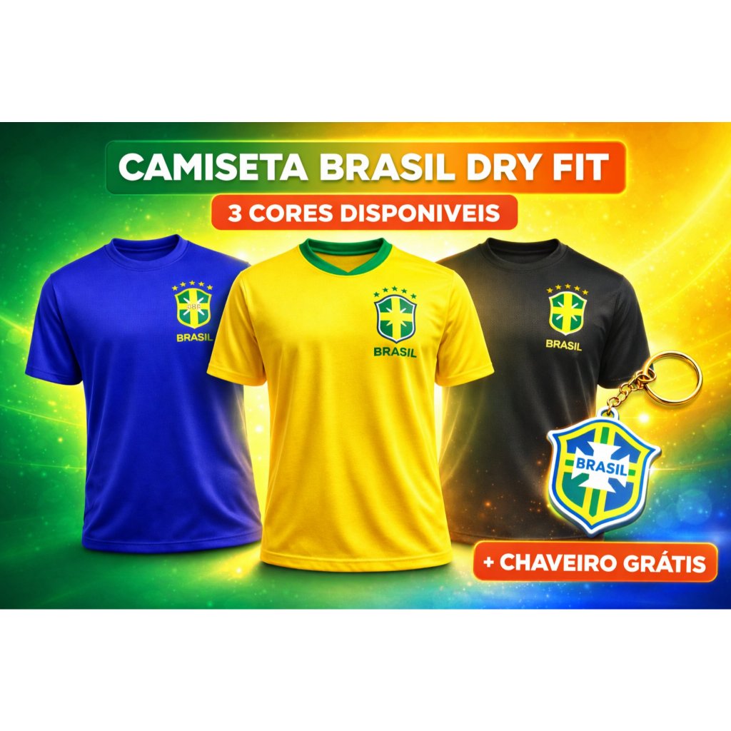 Camisa Camiseta Brasil Bordada Torcida Amarela Azul Masculina Feminina Dry Fit Futebol