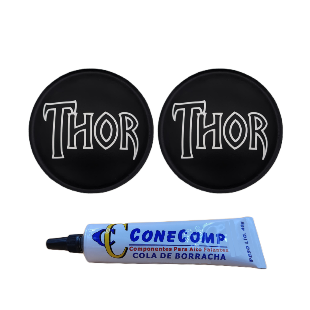 Kit 2 Protetores Calota Thor 85mm Papel Adesivado Para Alto Falante + 1 Cola Borracha Preta 40g