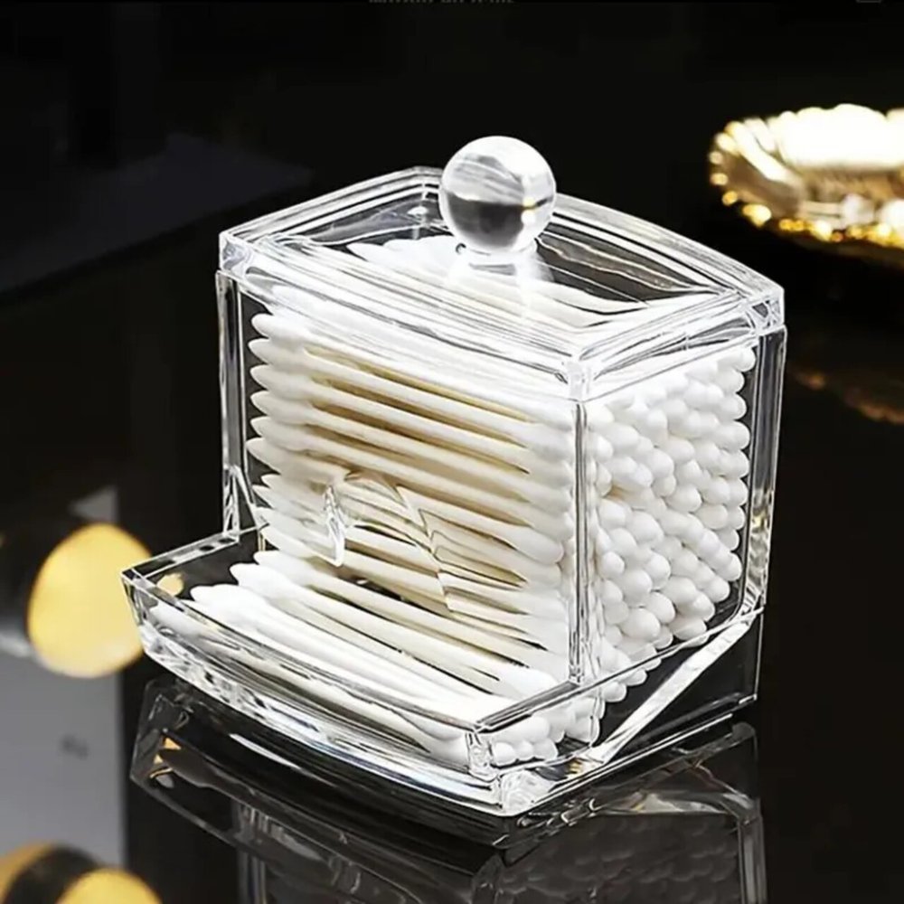 Dispenser cotonete acrilico tampa transparente organizador hastes algodao banheiro luxo de achadinhos