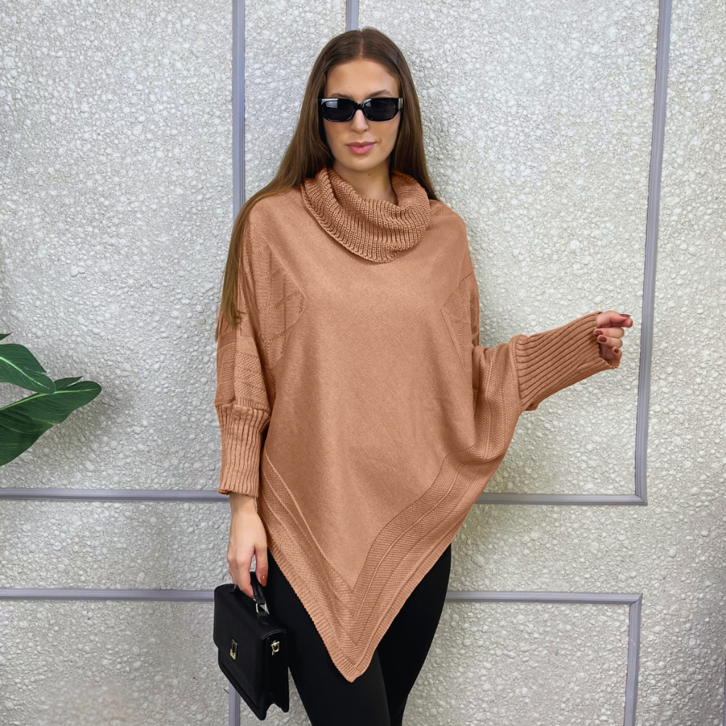Poncho Bico Feminino Tricô Gola Alta Punho Casaco Capa Tricot Inverno Lã