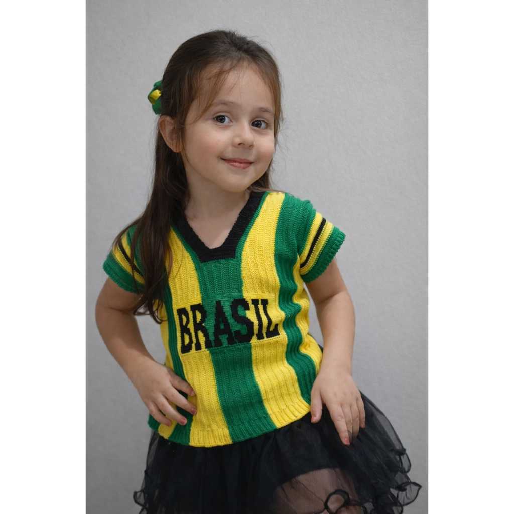 Blusa Infantil Decote V Listrada Tricô Malha Brasil Moderno Estilo Torcer Copa. em Oferta na Shopee