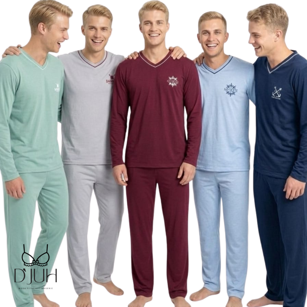 Pijama Masculino Longo Confortável Gola V Liso Conjunto Inverno Macio e Estiloso
