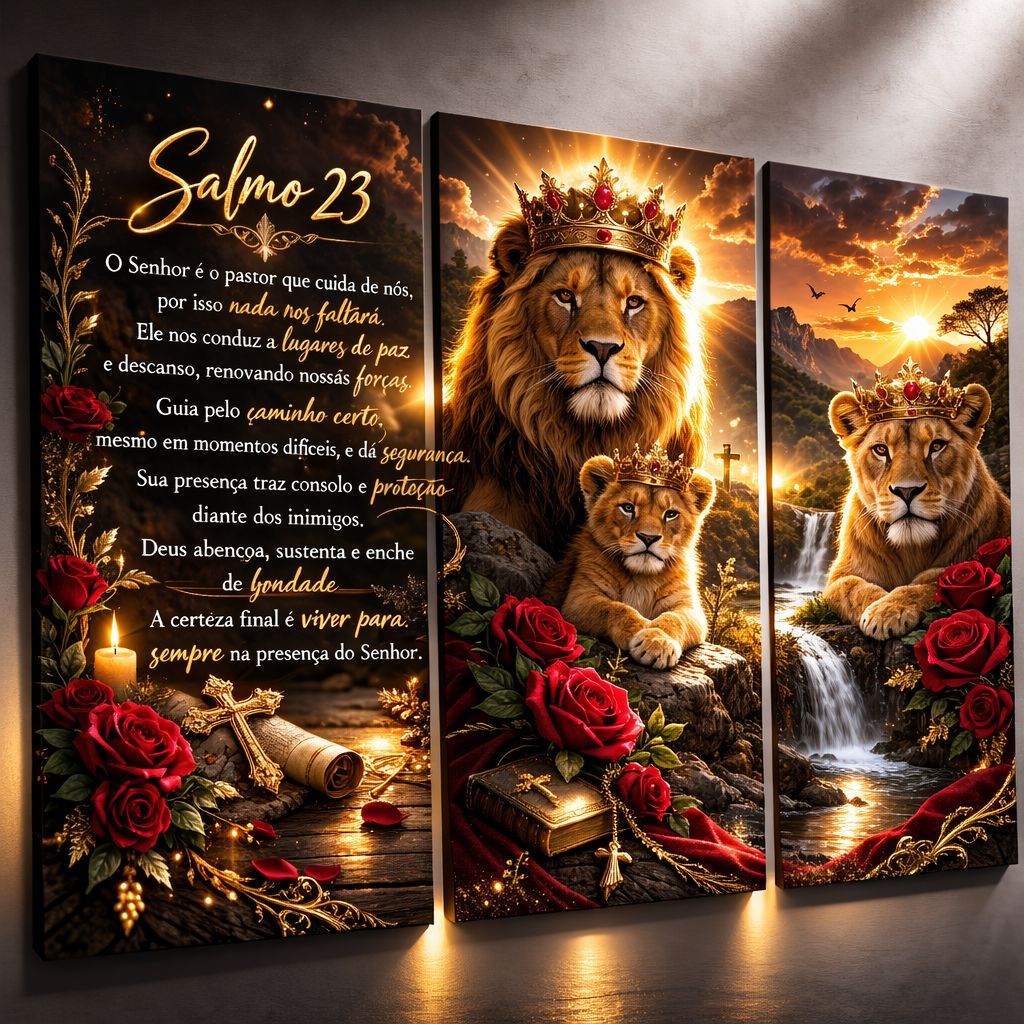 Quadros Decorativos Família Leão Salmo 23 Religioso Grande 112x60 3 Peças Para Sala Quarto Escritório Decoração