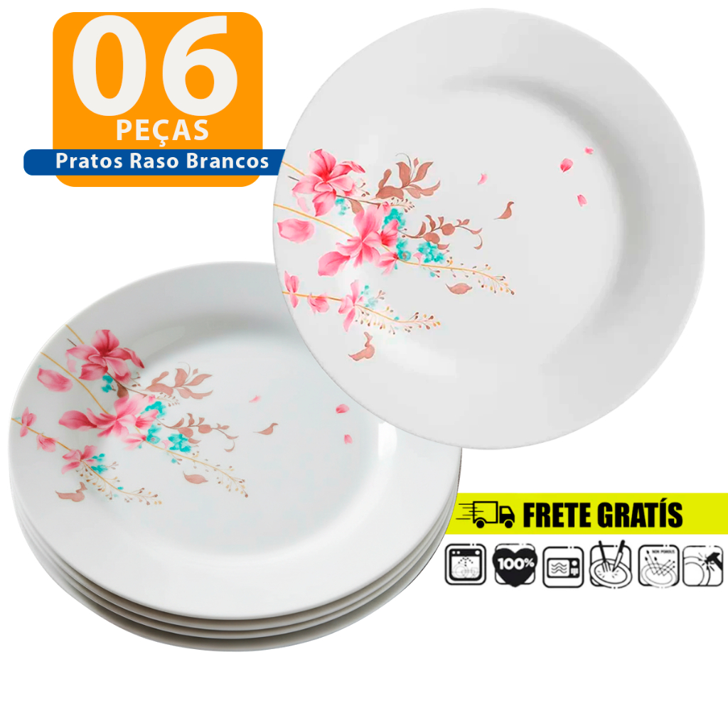 Aparelho de Jantar Jogo de 6 Pratos Raso Vidro Branco Flowers Bord 25cm Decorado Restaurante Buffet em Oferta na Shopee